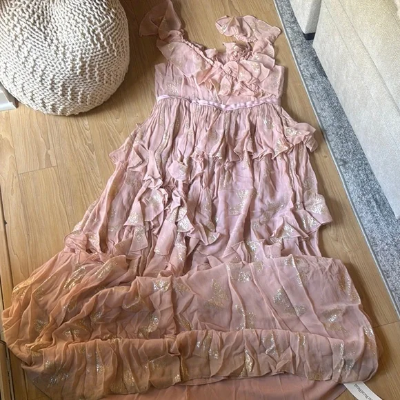 Needle & Thread | Dresses | Pink Ruffled Maxi Dress With Gold Accents |  Poshmark